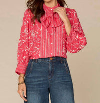 Democracy Scallop Edge Tipping Woven Shirt in cherry ivory - women's blouse