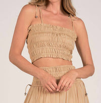 ELAN Nikki Smocked Crop Top in taupe - women's shirt