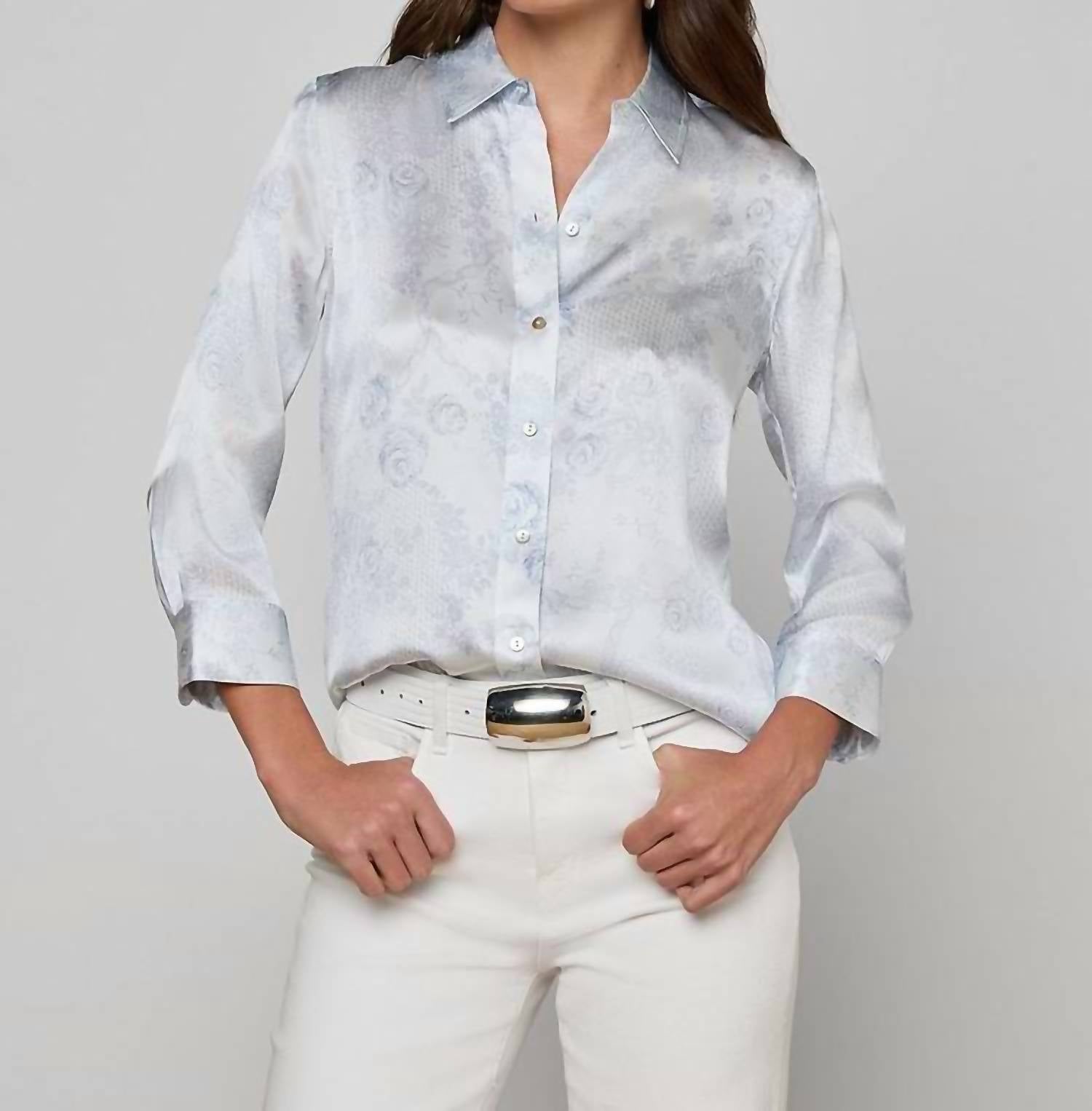 L'Agence Dani Blouse in ivory pale mist blue lace print - women's blouse