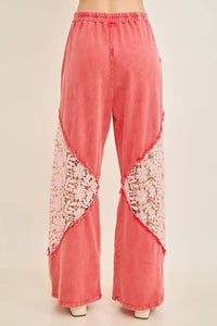 J.Her Mineral Washed Floral Lace Elastic Waist Cool Pant in red - women's pants - alternate view