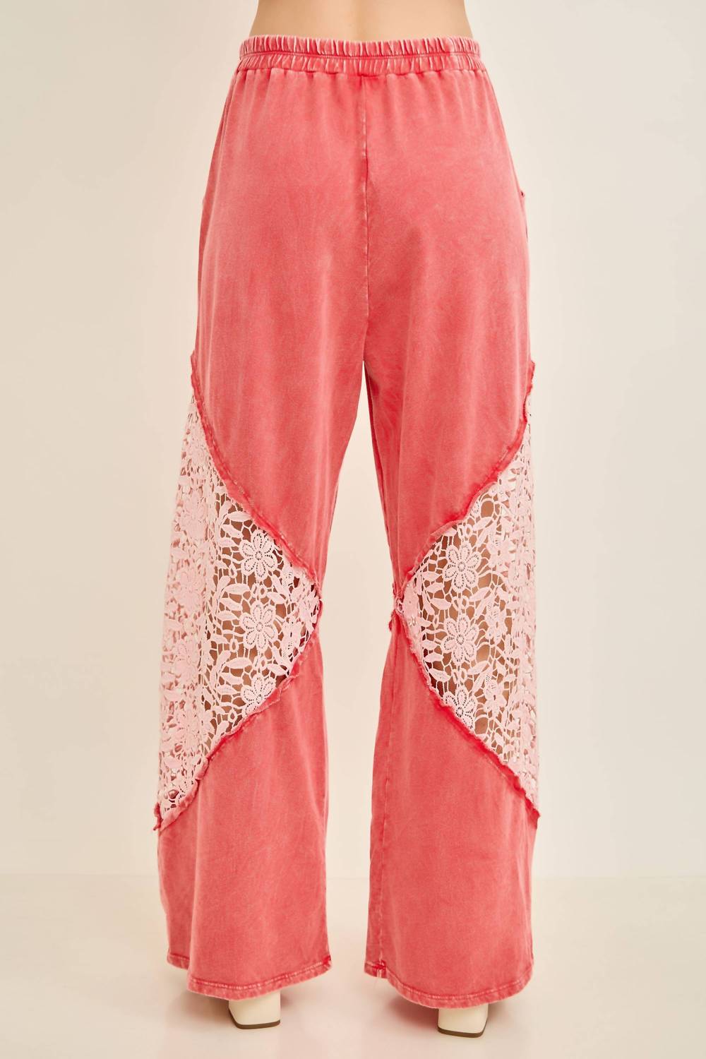 J.Her Mineral Washed Floral Lace Elastic Waist Cool Pant in red - women's pants - alternate view