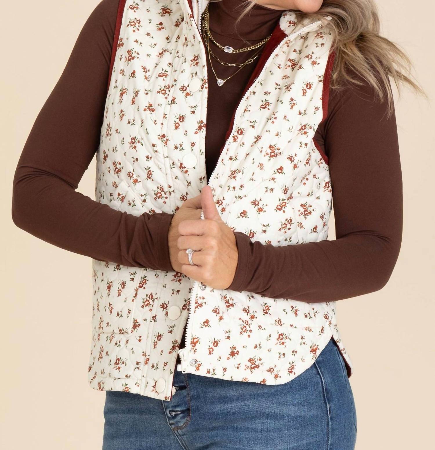 Blu Pepper - Floral Quilted Zip Up Vest