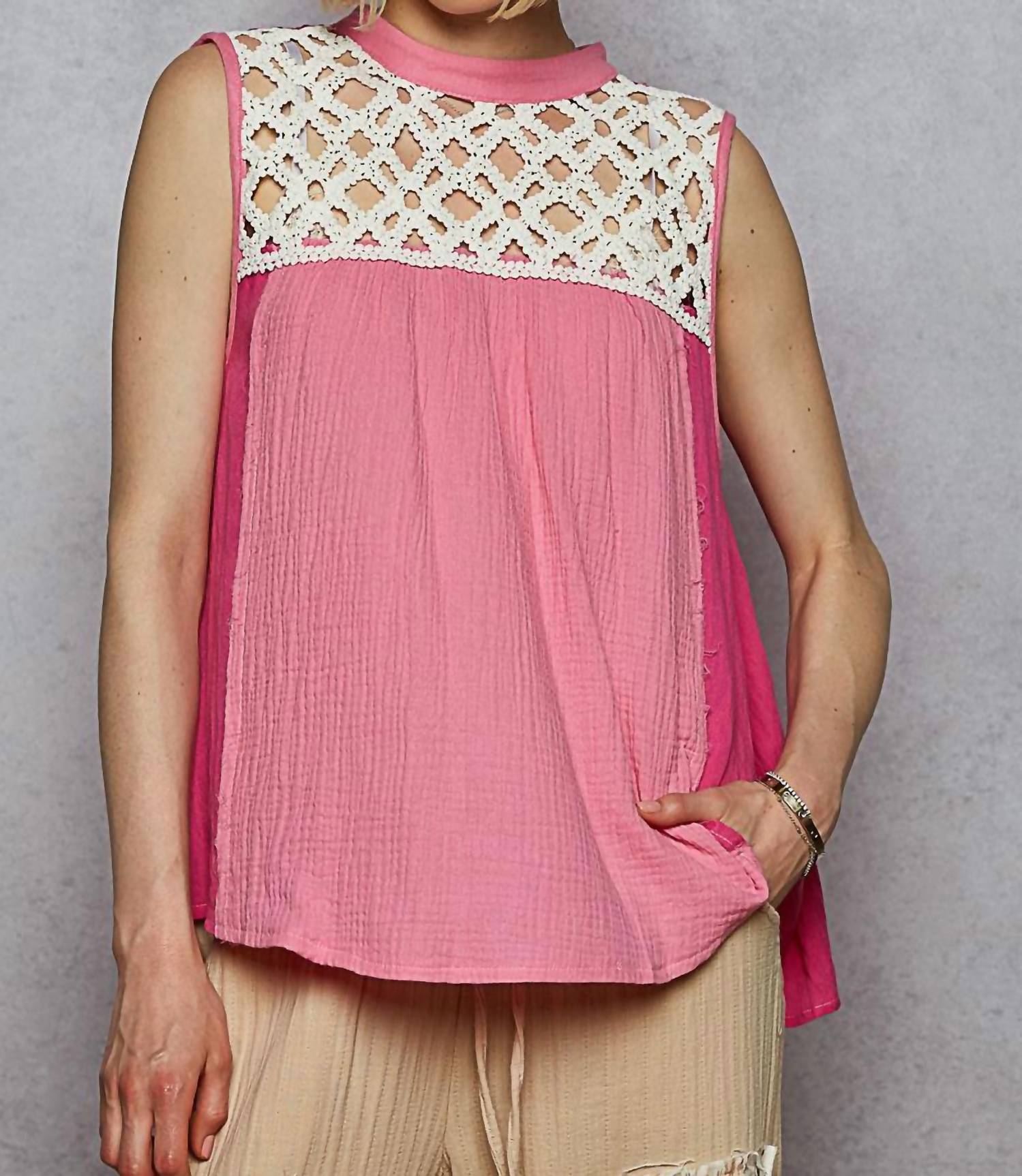 POL Double Gauze Top in bubblegum pink - women's shirt