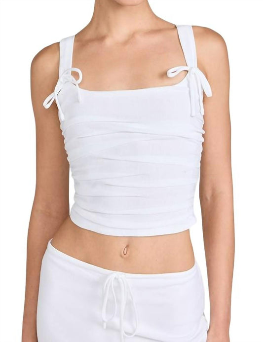 Nia - Ruched Linen Bow Strap Tank