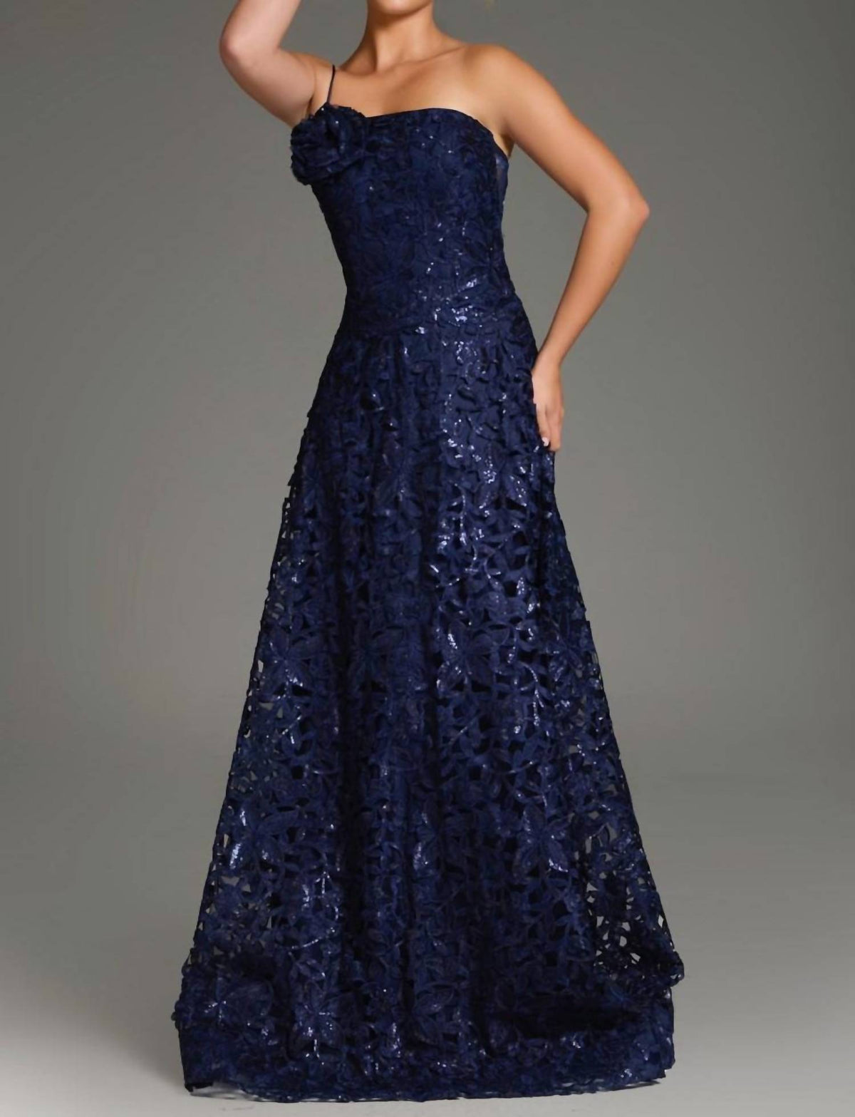JOVANI One-shoulder Floral Lace A-line Gown in navy - women's dress - detail view