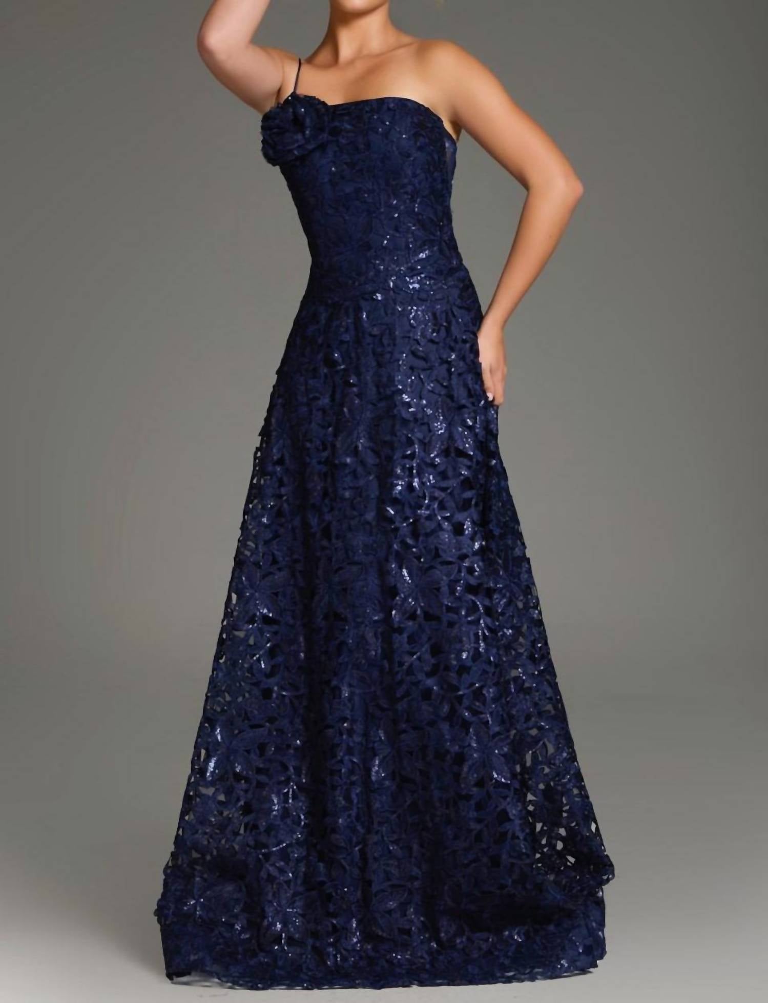 JOVANI One-shoulder Floral Lace A-line Gown in navy - women's dress - detail view