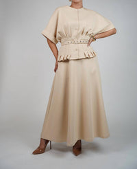 Lalavon - Pleated Waist Knit Top And Maxi Skirt Set