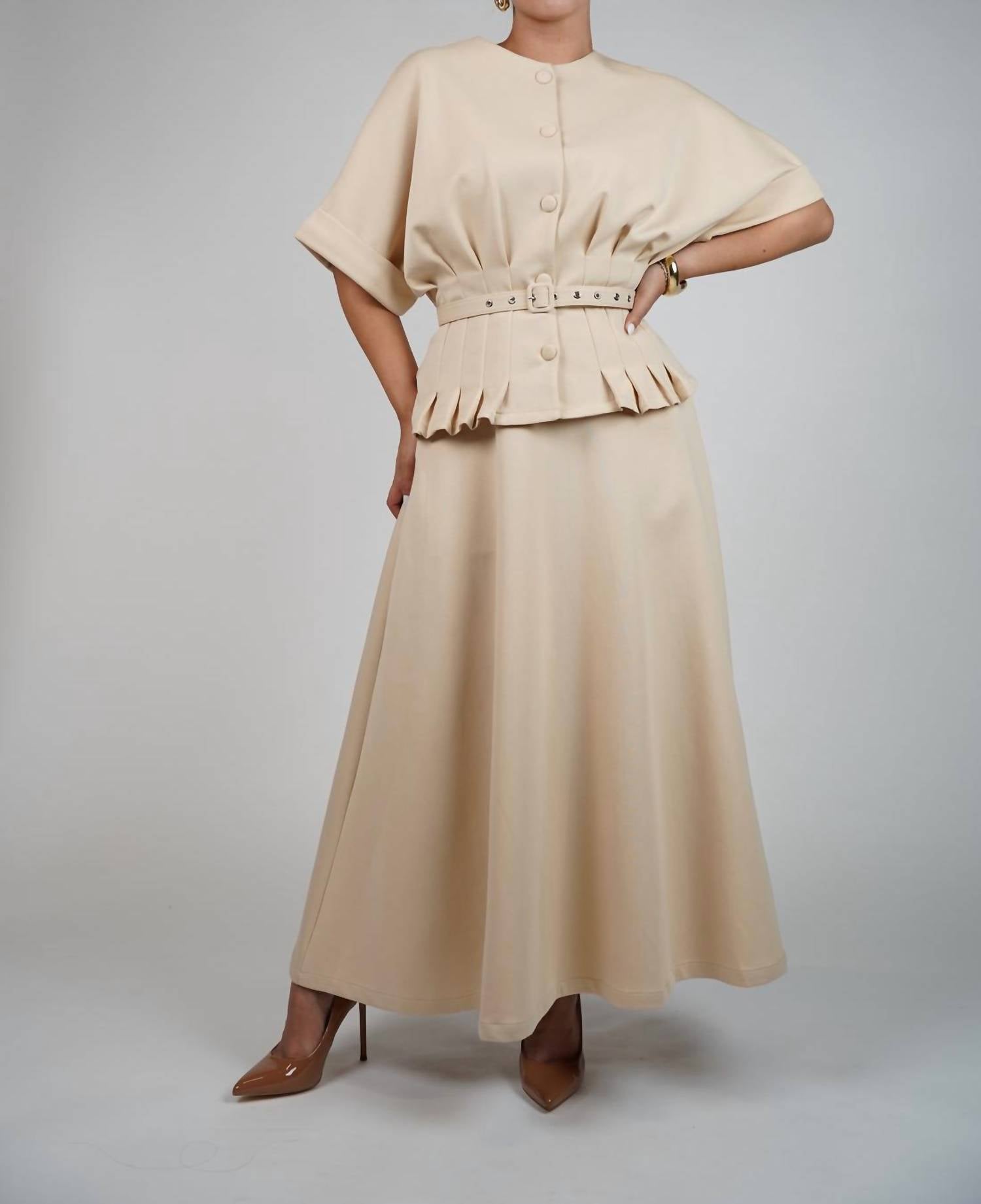 Lalavon - Pleated Waist Knit Top And Maxi Skirt Set