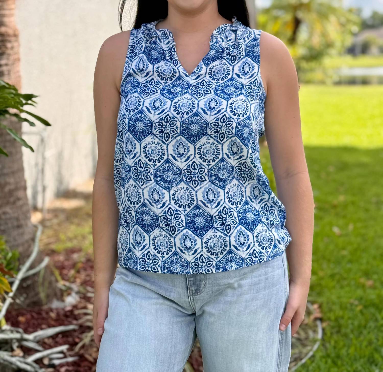 Charlie B - Printed Sleeveless Ruffle Neck Top