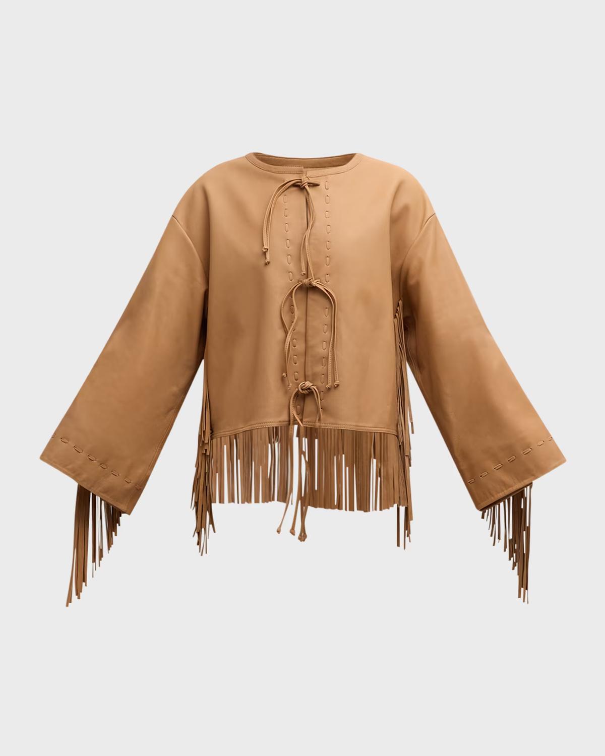 By Malene Birger - Zoena Tie Front Fringe Leather Jacket