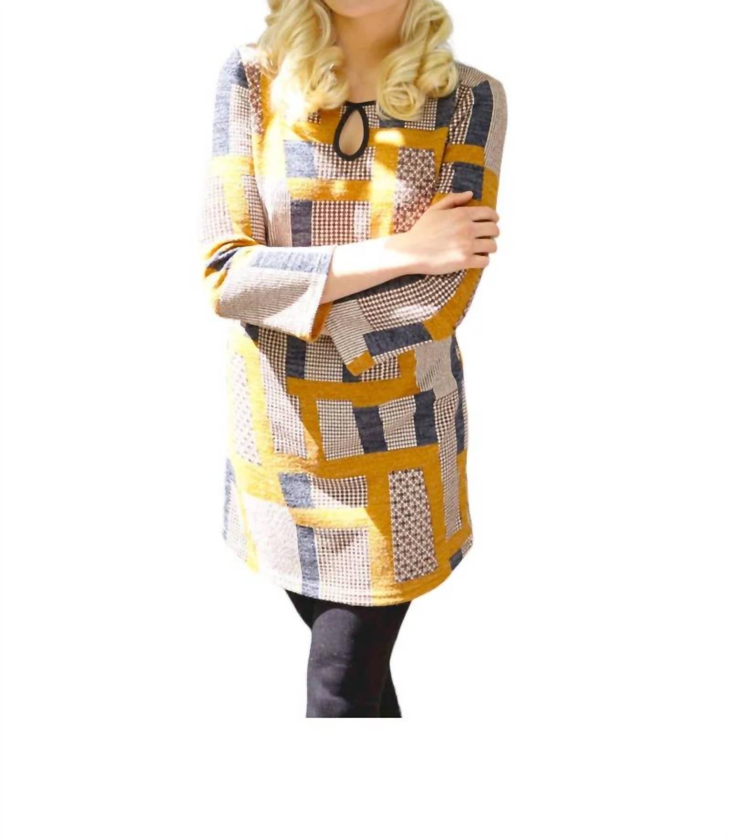 Papillio - Geometric Print Keyhole 3/4 Sleeve A-line Dress