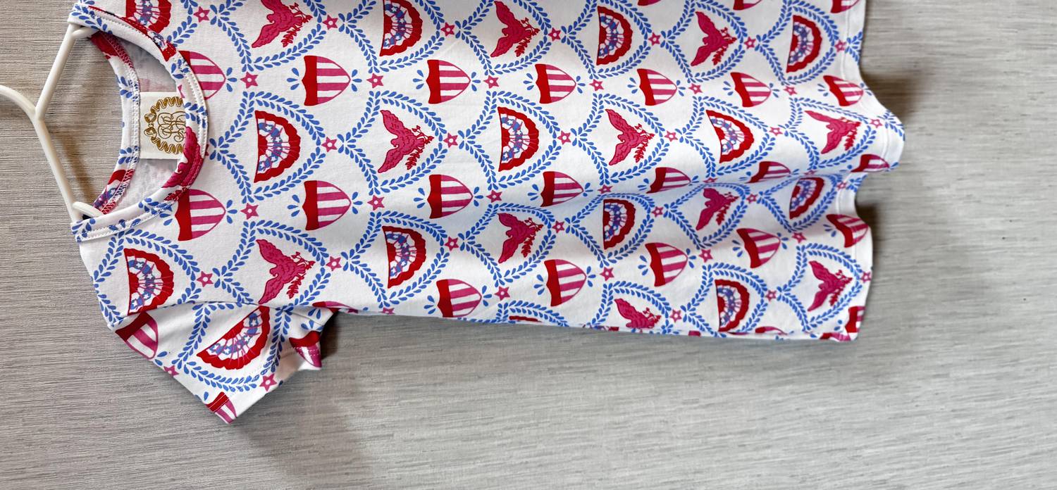 The Beaufort Bonnet Company Girls' Polly Play Dress in red white blue - kids' dress - detail view