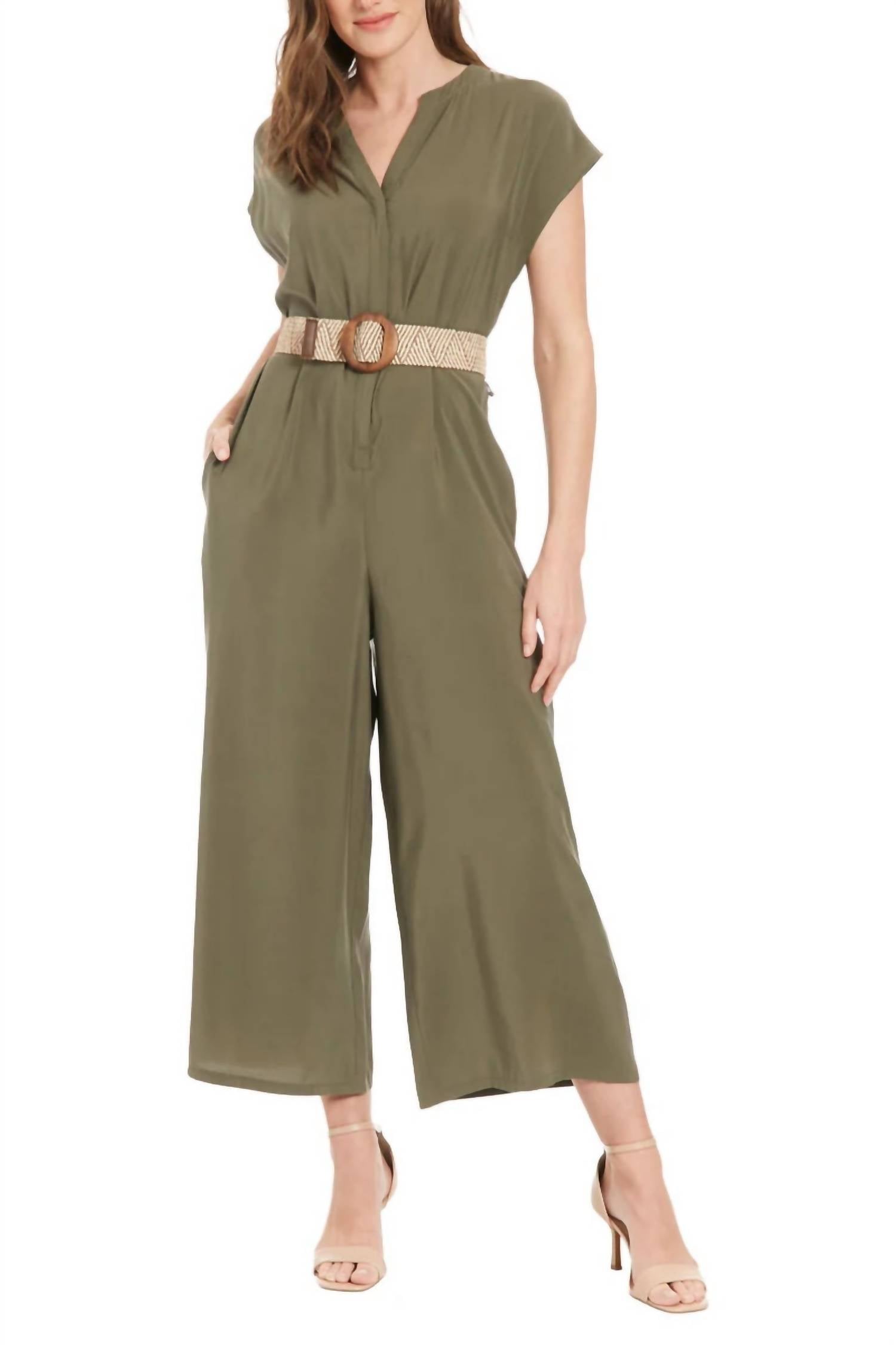 London Times - Belted Wide Leg With Side Pockets Jumpsuit