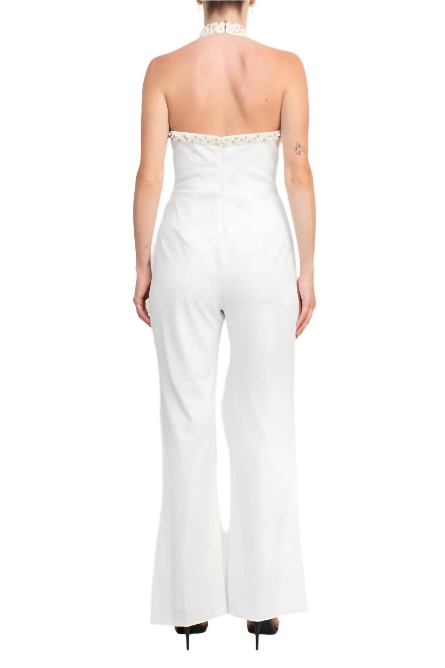 Adrianna Papell - Embellished Halter Neck Knit Crepe Jumpsuit