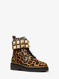 MICHAEL KORS Women's Haskell Studded Leopard Calf Hair Combat Boots in butterscotch - women's shoe