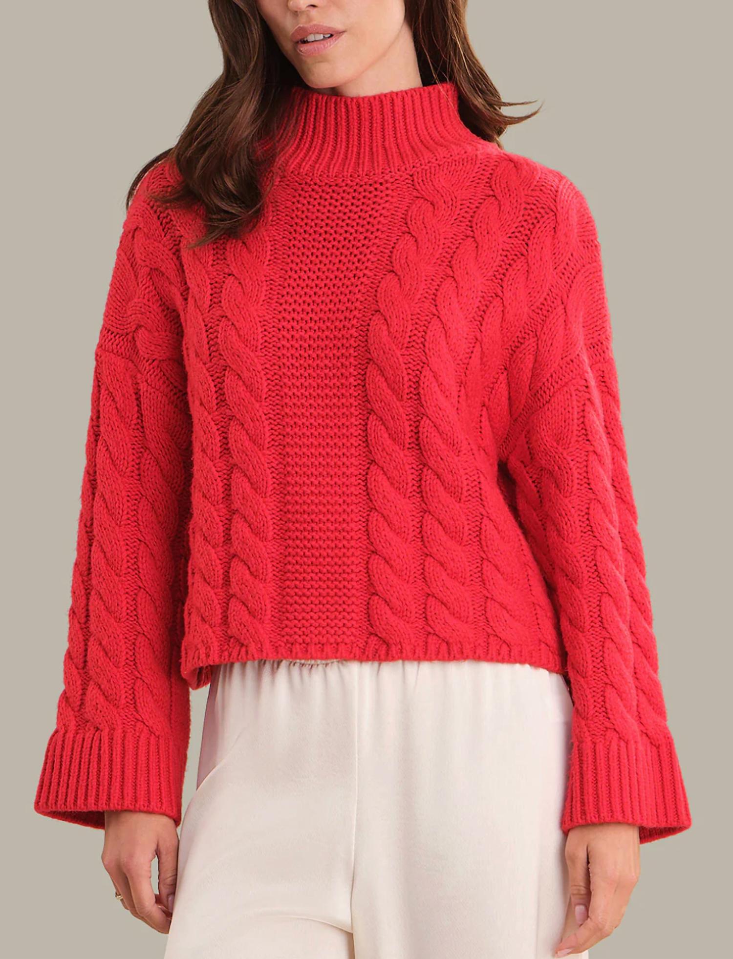 525 America Adalynn Oversized Chunky Cable Mock Neck Pullover Sweater in true red - women's sweater