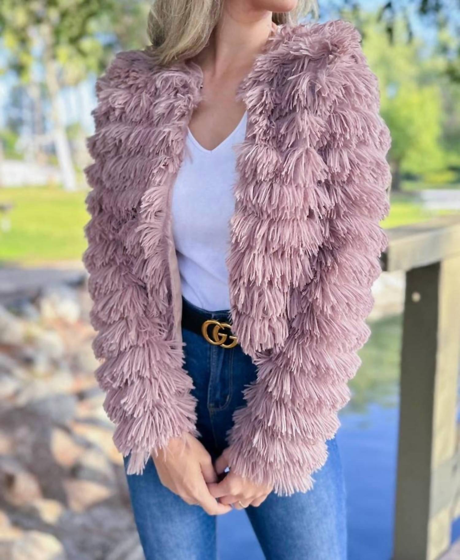 Amoli - Dressy Faux Fur Fringe Open Front Jacket