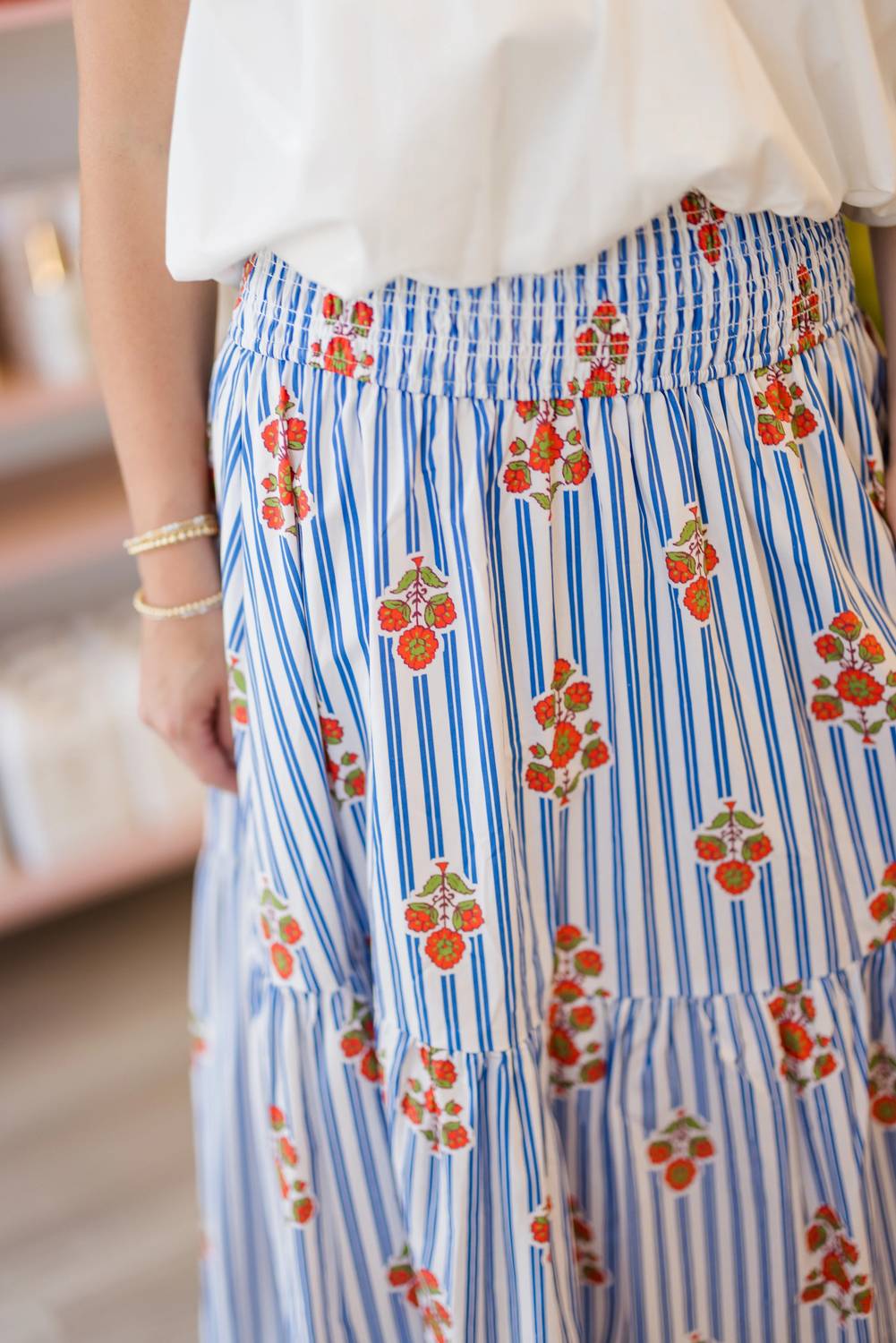 Karlie - Women's Bloom Stripe Floral Smock Tier Maxi Skirt