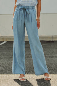Urban Daizy - Tencel Wide-leg Denim Drawstring Pant