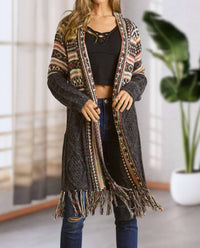 ADORA Maya Fringe Hem Aztec Cardigan -plus in black - women's sweater
