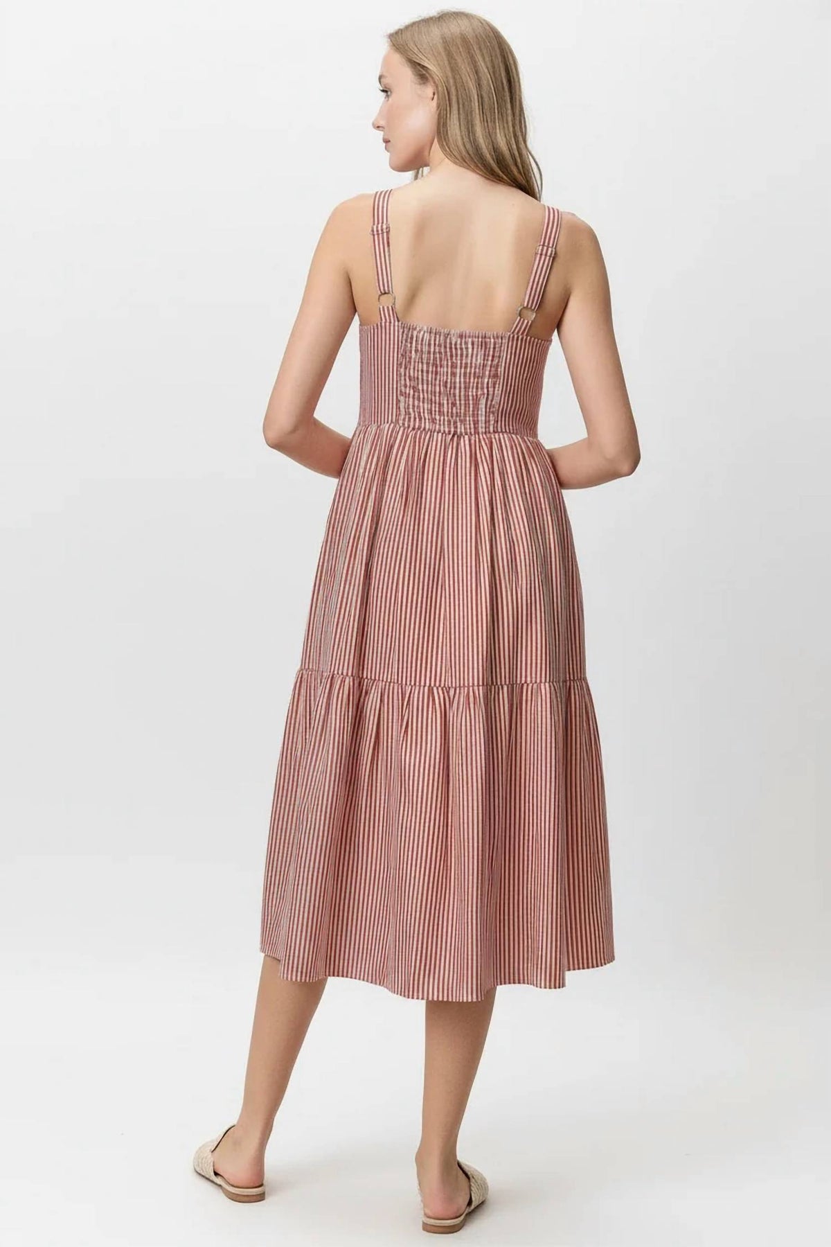 Polagram - Sunny Striped Button Front Tiered Midi Dress
