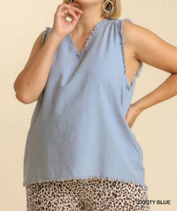 V-Neck Sleeveless Top with Frayed Hem Plus