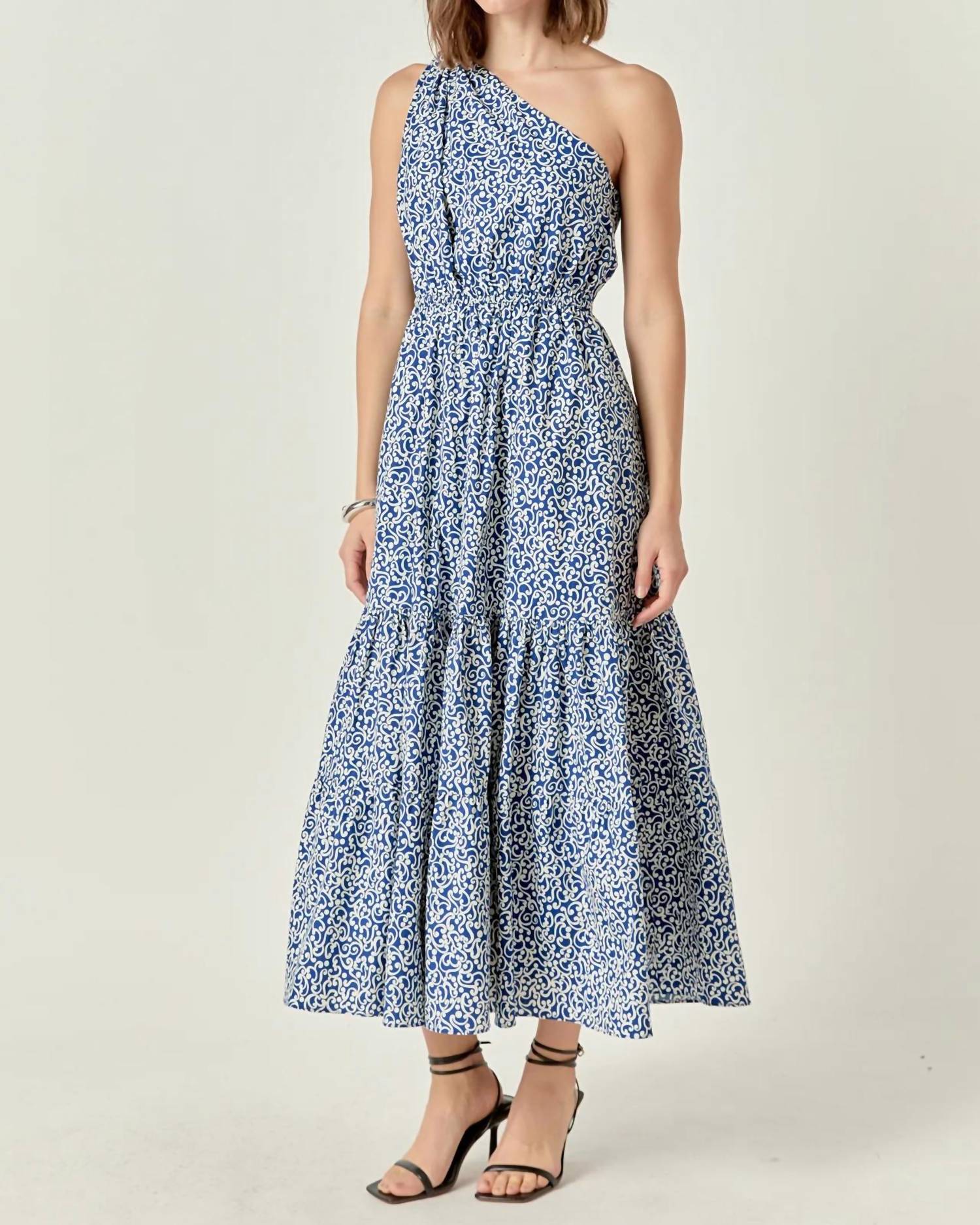 2.7 AUGUST APPAREL Print One Shoulder Maxi Dress in blue - women's dress - alternate view