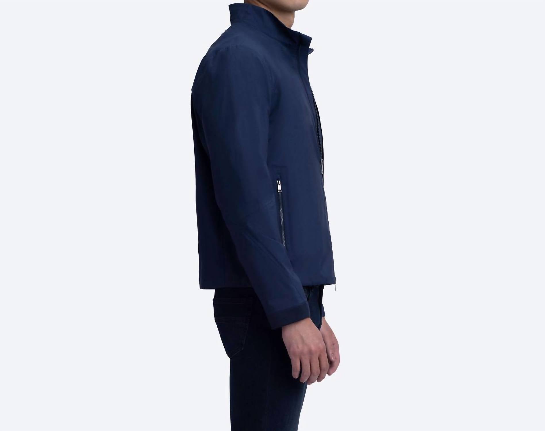Bugatchi Uomo Water Resistant Bomber Jacket in navy - men's jacket - detail view