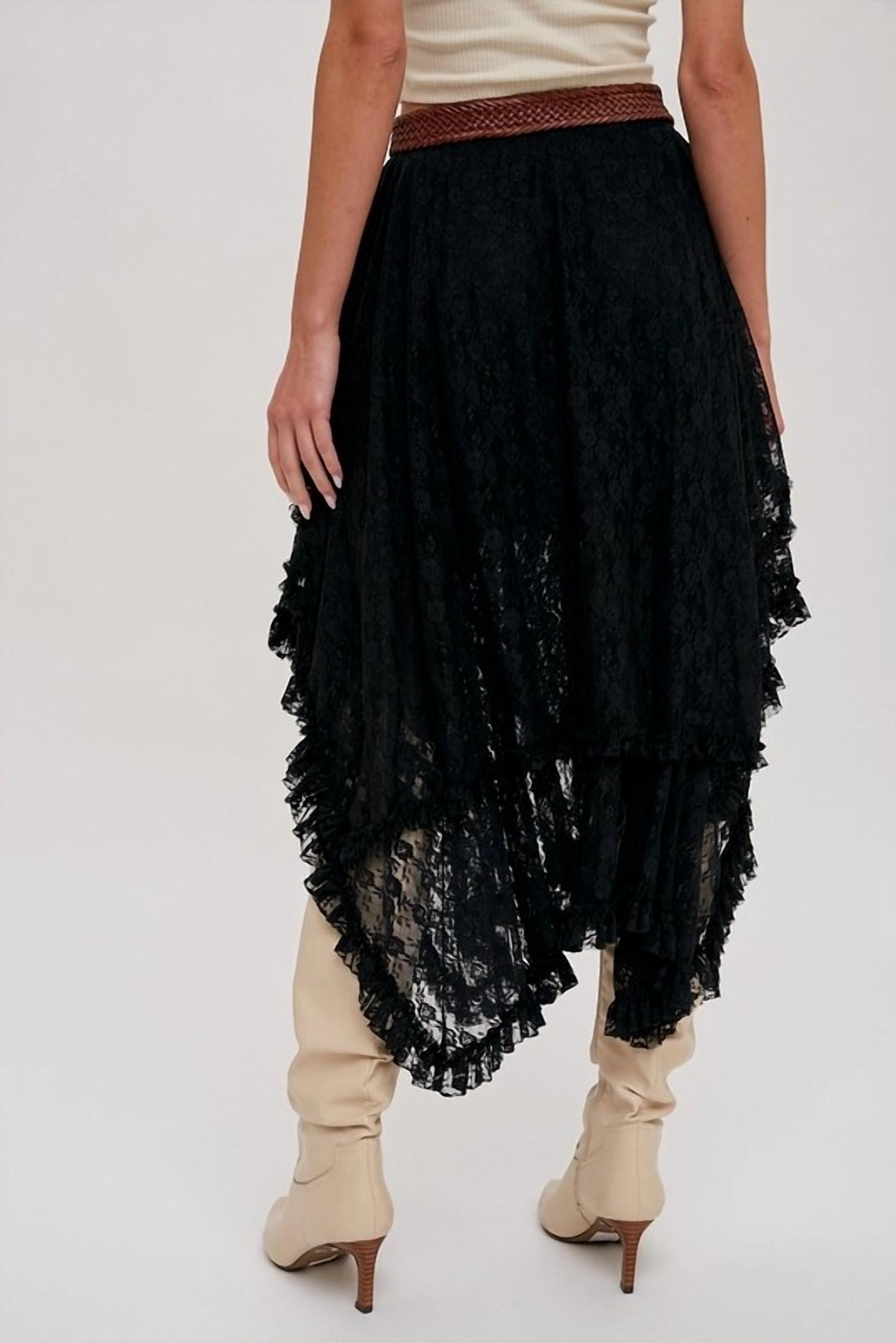 BluIvy Floral Lace Tiered Midi Skirt in black - women's skirt - detail view