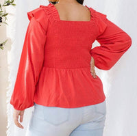 Oddi - Textured Dot Fabric Ruffle Smocked Blouse - Plus