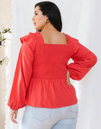 Oddi - Textured Dot Fabric Ruffle Smocked Blouse - Plus