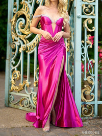 Sherri Hill Off The Shoulder Stretch Satin Gown in fuchsia - women's dress - alternate view