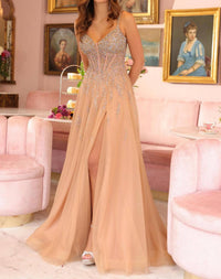 Ava Presley - Beaded V-neck Tulle Evening Gown