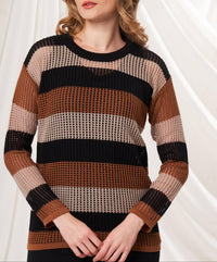 Angel Apparel Stripe Crochet Scoop Neck Top in black mocha - women's long sleeve top