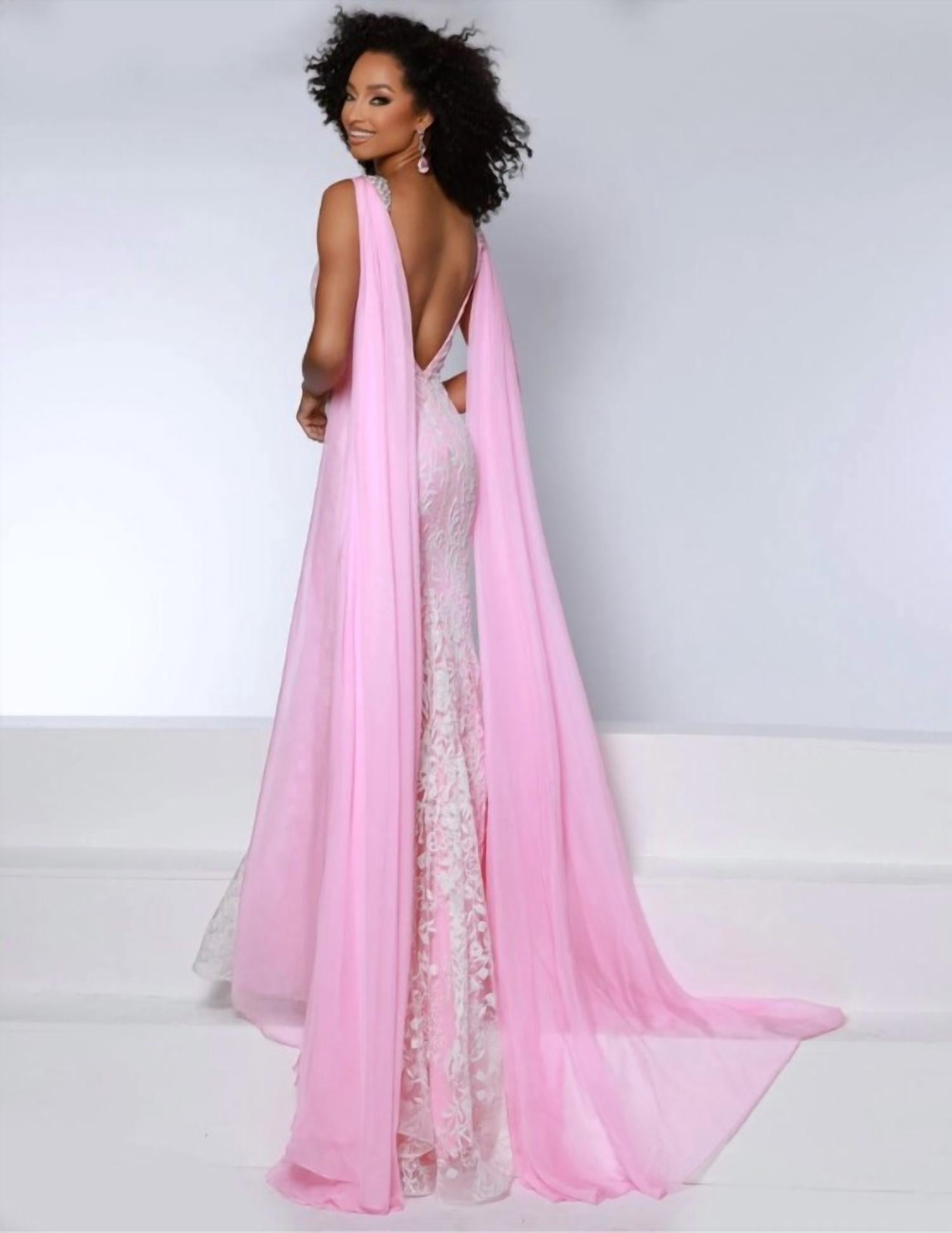 Johnathan Kayne Shoulder Drapes Mesh Gown in petal pink - women's dress - alternate view