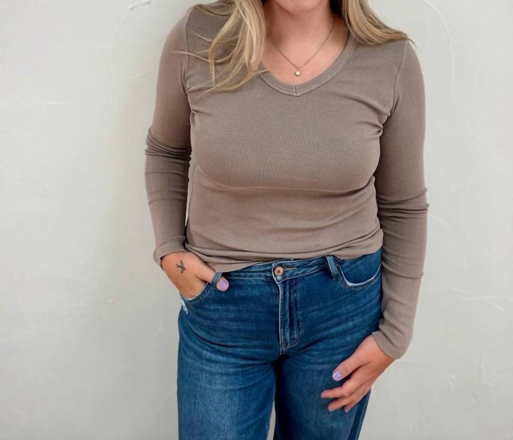 STACCATO Garment Dyed V Neck Top in taupe - women's long sleeve top - detail view