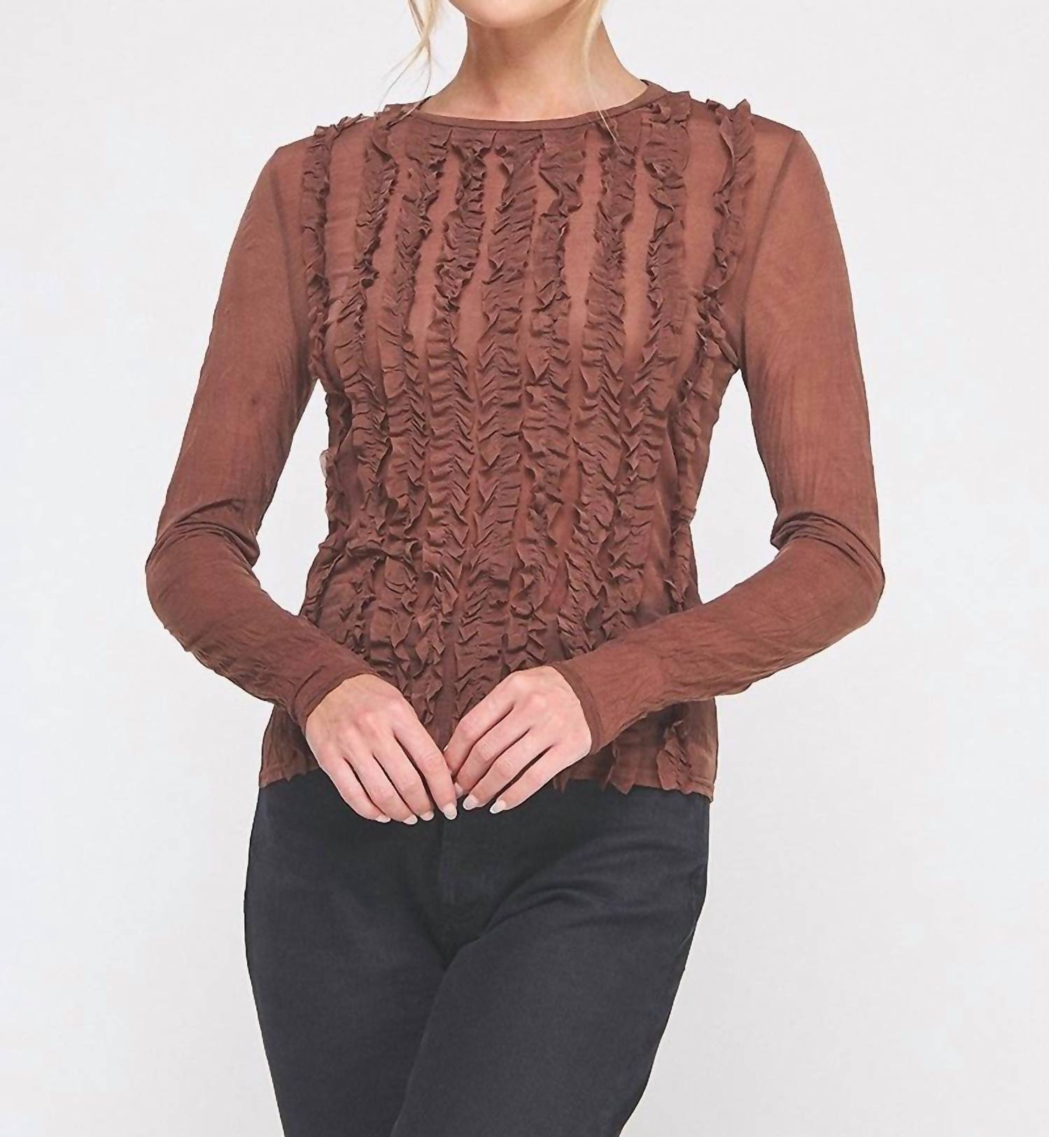 ALLIE ROSE Brynn Crinkled Silky Sheer Long Sleeve Blouse in brown - women's blouse