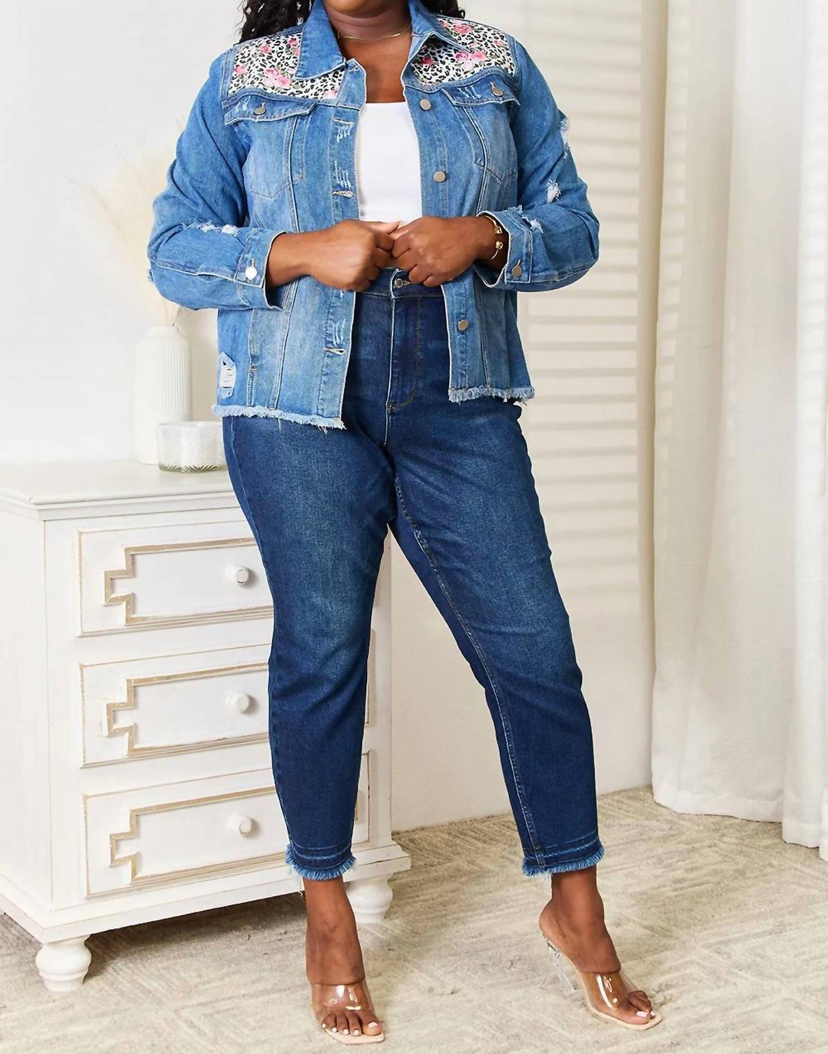 Baeful - Floral Distressed Raw Hem Denim Jacket