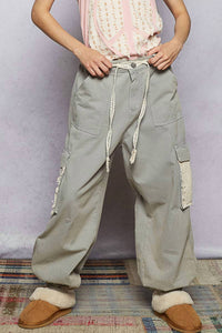 Pol - Crochet Overlay Pockets Woven Twill Pants
