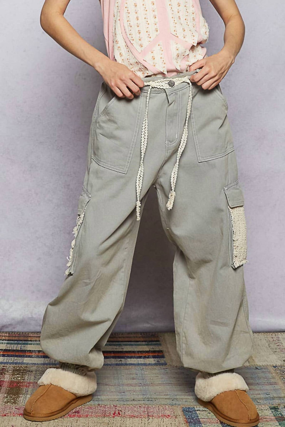 Pol - Crochet Overlay Pockets Woven Twill Pants