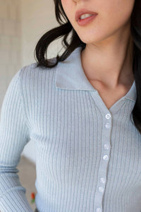 Elle Grey Ribbed Button Up Sweater in baby blue - women's sweater - alternate view
