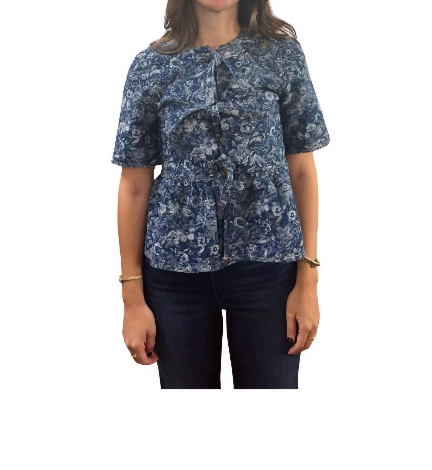 Ganni - Tapestry Denim Peplum Short Sleeve Blouse