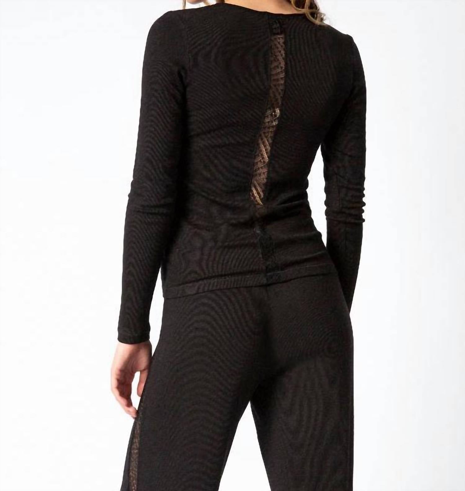 PJ Salvage Lacey Basics Long Sleeve Top in black - women's blouse - detail view
