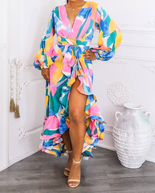 Surelymine - Color Splash Ruffle Wrap Maxi Dress with Balloon Sleeves