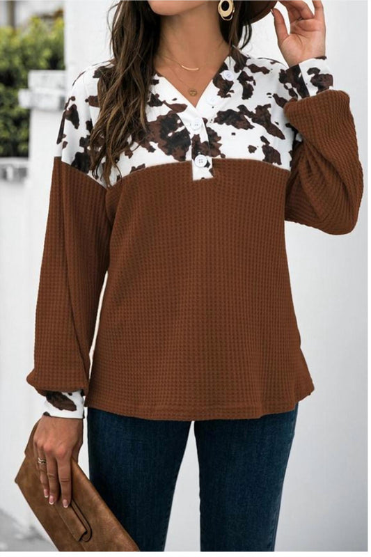Unishe - Cow Print Splicing Buttons Top