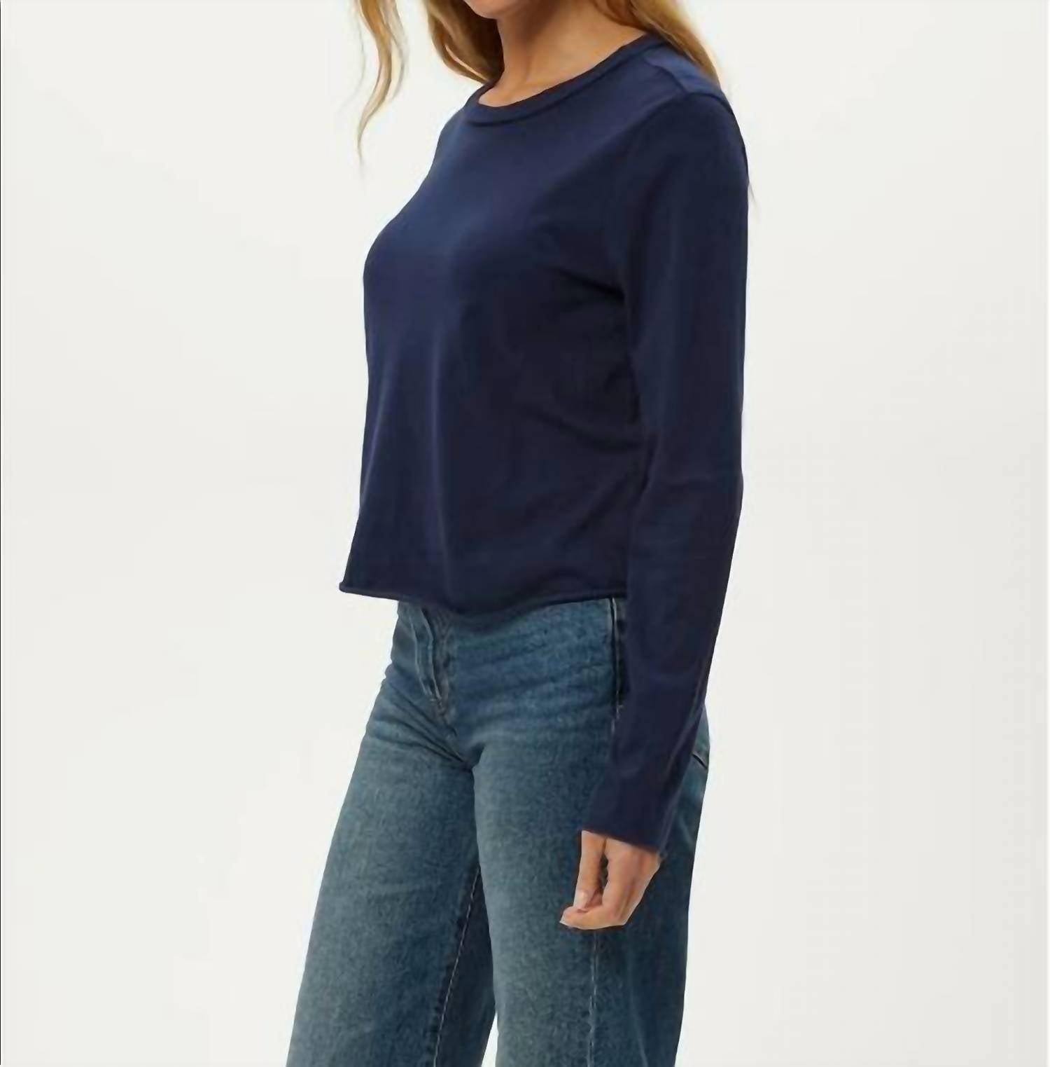 Michael Stars Aiko New Jersey Long Sleeve Raw Hem Crew Tee in nocturnal - women's long sleeve top - detail view