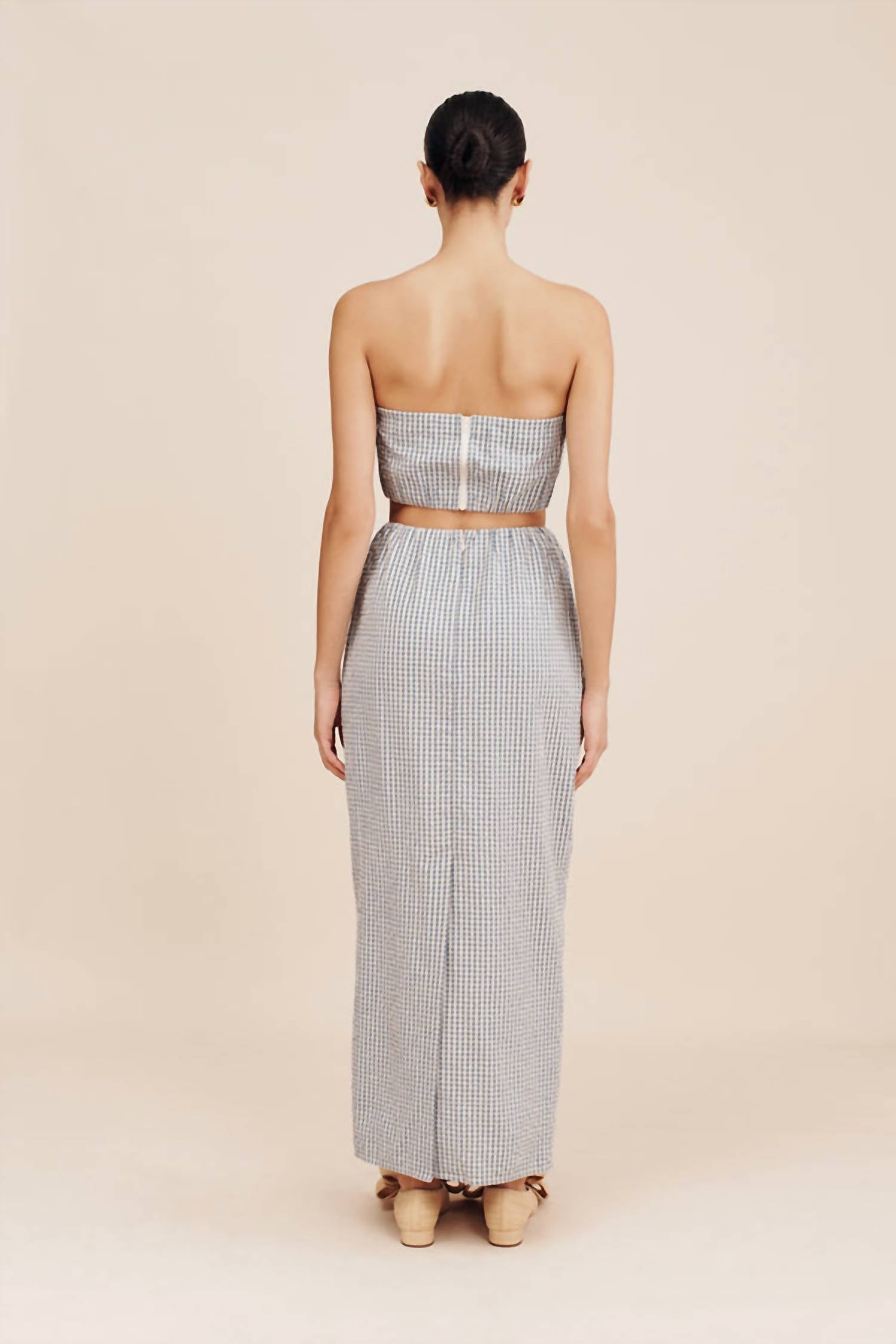 POSSE Mira Strapless Crop Top in gingham black cream - women's shirt - detail view