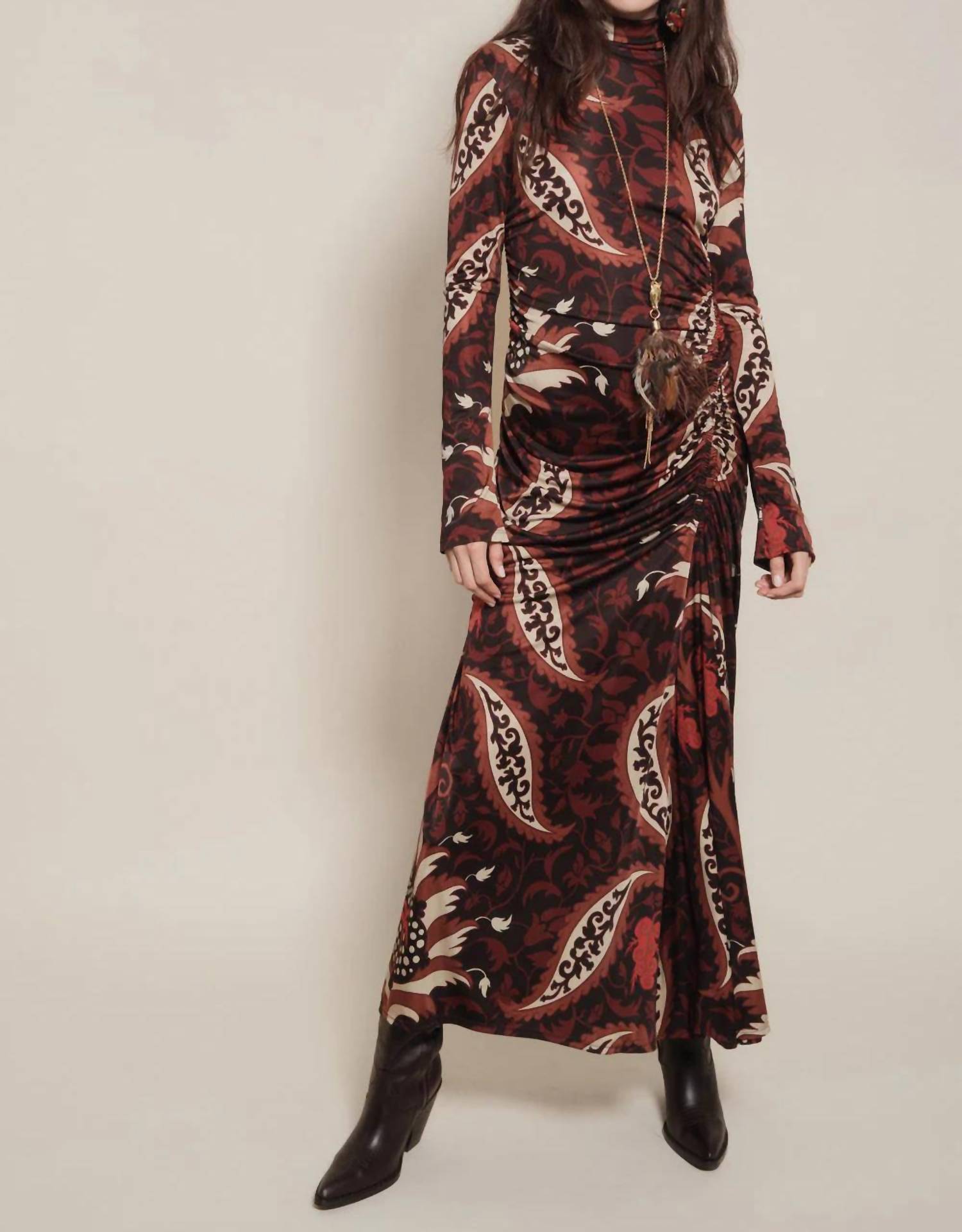 Johanna Ortiz Start Point Maxi Dress in black mocca sand red - women's dress - detail view