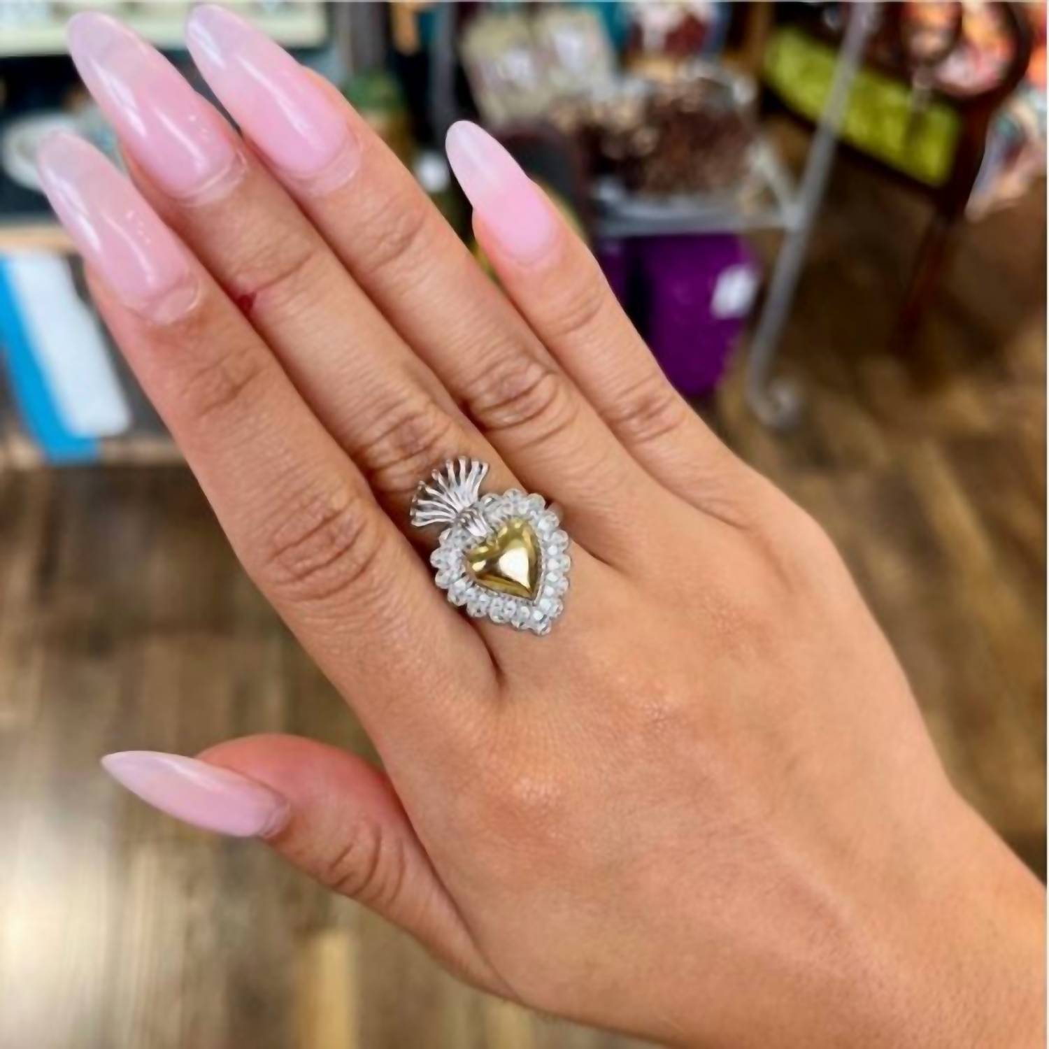 Love And Honor Jesus - Two Tone Sacred Heart Cubic Zirconia Adjustable Ring