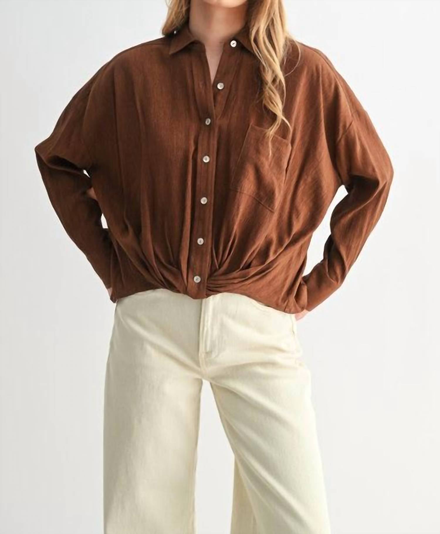 Fun 2 Fun Twist Hem Button Down Blouse in brown - women's blouse - detail view